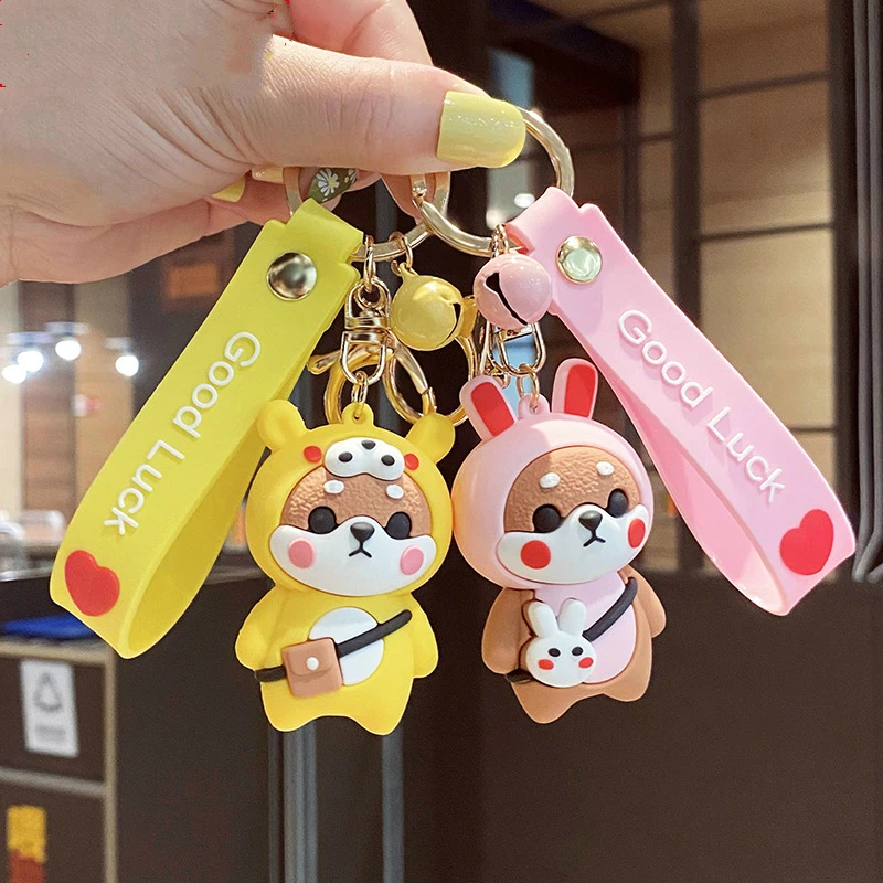 PVC Hat Bear Metal Keychain Red Pink Yellow Bell Pendant Cute Bag Car Keyring Jewelry Lanyard Men Women Couple Gift