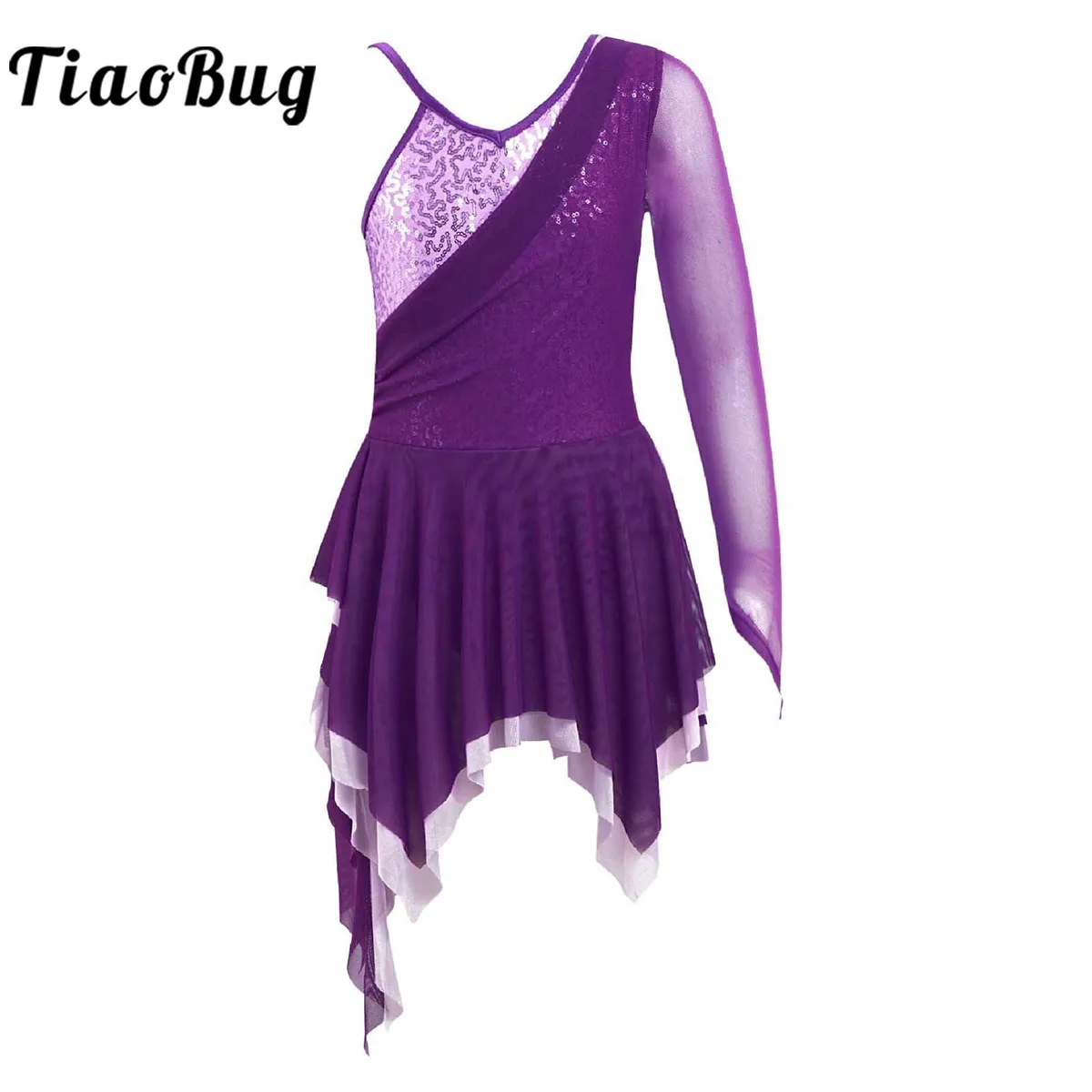 

Mesh Sequins Ballet Dress Kids Girls Single Long Sleeve Irregular Hem Ballerina Gymnastics Leotard Moden Latin Lyrical Dancewear