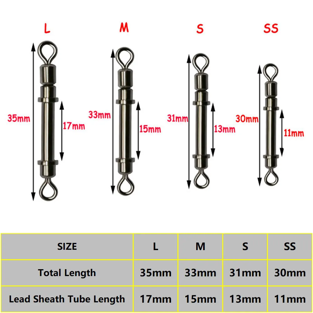 20PCS Alloy Copper High Speed Rolling Elastic Swivels Lead Sheath Tube Sea Fishing Hook Lure Connector Accessories SS S M L