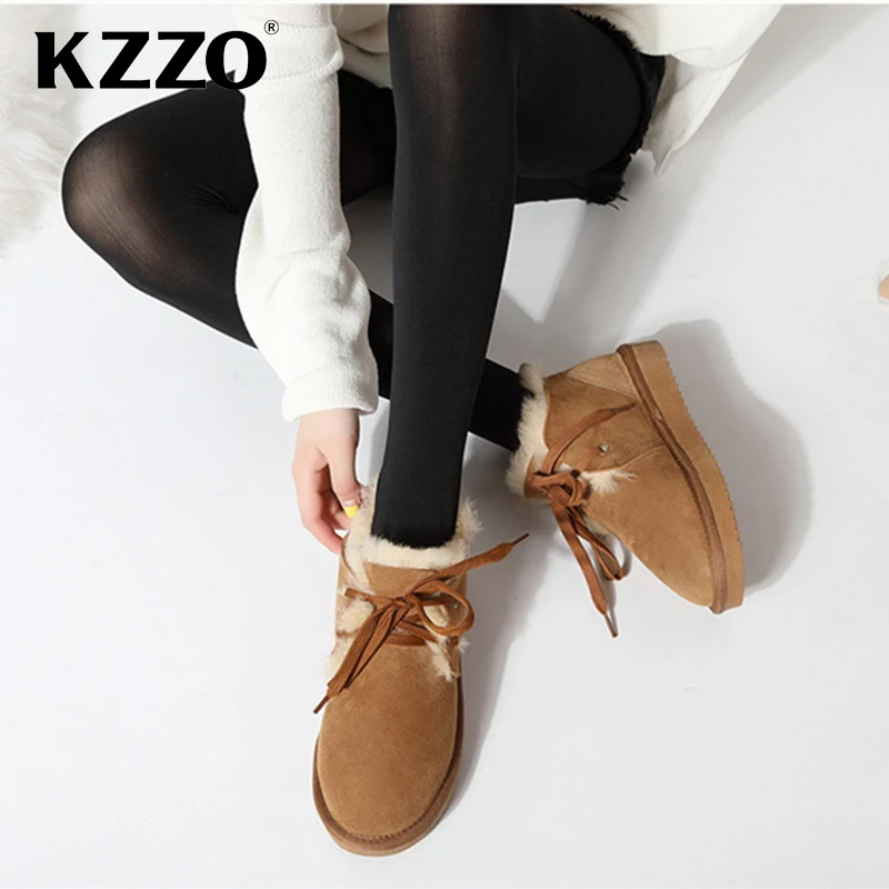 KZZO Australian Classic Sheepskin Leather Snow Boots For Women Natural Wool Fur Lined Ankle Winter Warm Shoes Casual Flat Boots