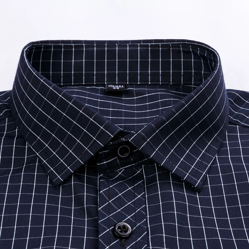 Camisa de vestir clásica de corte estándar a cuadros/rayas para oficina Social para hombre, camisas básicas formales de manga larga con un solo bolsillo tipo parche