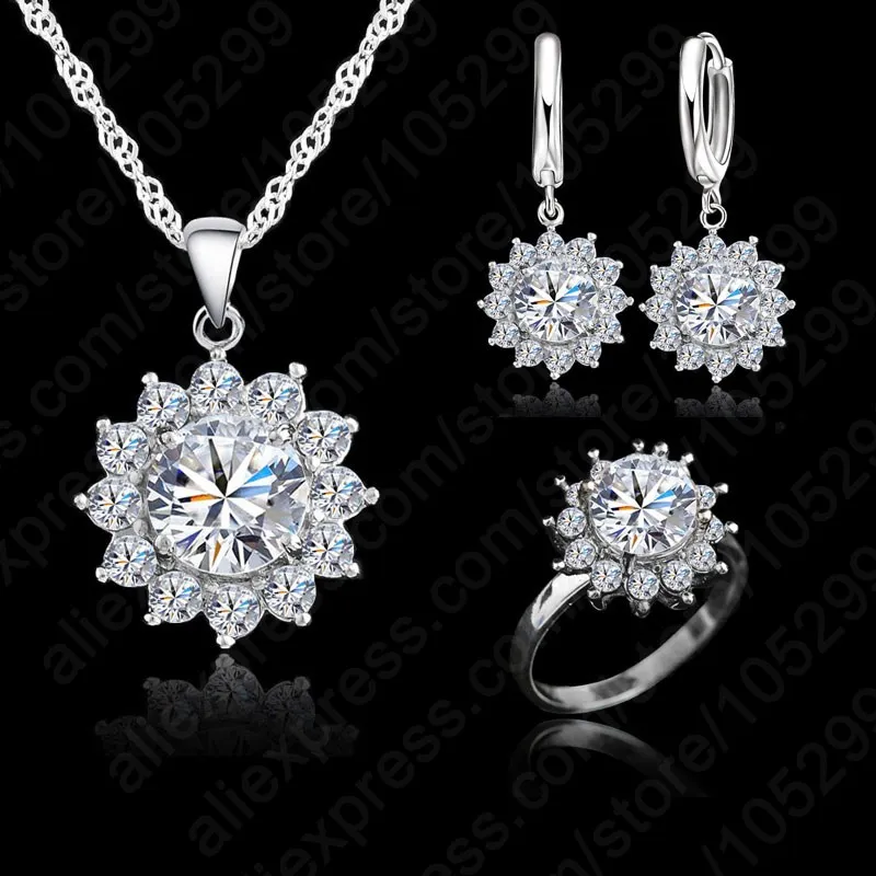 New Fashion Genuine 925 Silver  Jewelry Sets Earrings Pendant Necklace Rings Size 6-9 Sparkling Crystal Jewelry Set