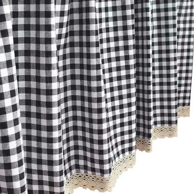 Classic Cotton Plaid Short Half Tube Curtains Drape Valance With Lace Edge For Windows Door Cabinet Home Decoration