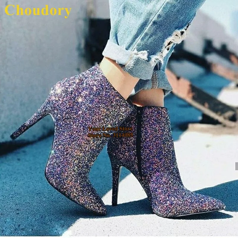 

Choudory Bling Bling Purple Sequined Ankle Boots Stiletto Heels Pointed Toe Shining Glitter Booties Paillette Wedding Shoes Pump