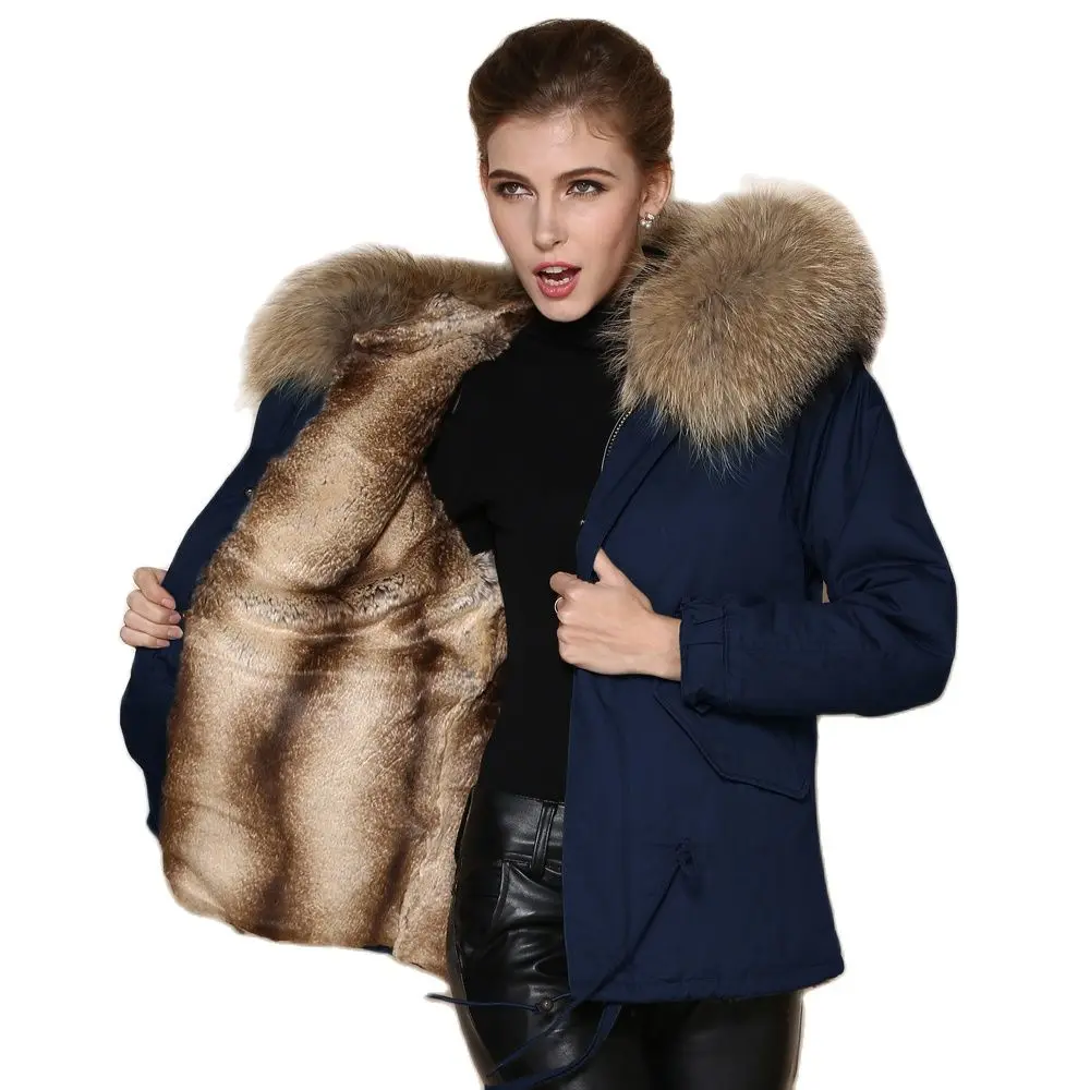 

Voguish Women Short Faux Rex Rabbit Fur Lined Coat With Natural Color Raccoon Fur Collar Trimming