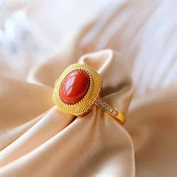 New diamond-studded southern red tourmaline oval ring opening adjustable Chinese palace style retro ladies jewelry accessories