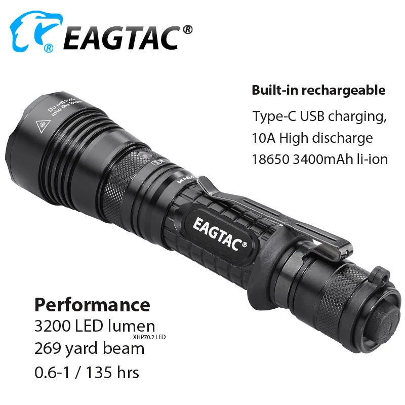 EAGTAC G3L CREE XHP70.2 3200 Lumen USB Rechargeable Tactical Flashlight Super Bright SFT 40 LED Torch 3400mAh 18650 Battery