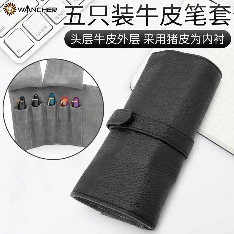 Wancher Genuine Leather Pen Bag 5 Pens Roll Pencil Bag Gift Box Protective Pen Ballpoint Pen Office Accessories Pen Set