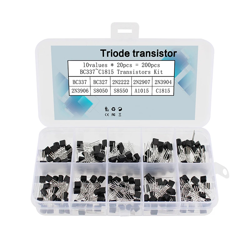 200pcs Transistor Assortment Kit  10Values*20pcs BC337 BC327 2N2222 2N2907 2N3904 2N3906 S8050 S8550 A1015 C1815 TO-92 set