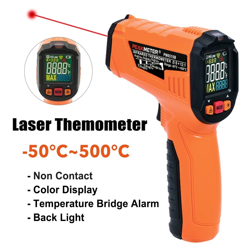 PEAKMETER PM6519B Laser LCD Digital Infrared Thermometer Temperature Meter Gun Point -50~500 Degree Non-Contact BBQ Measurement