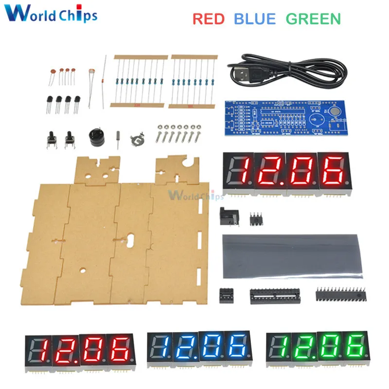 Electronic Clock LED Microcontroller Kit Digital Clock Time Light Control Temperature Thermometer DIY KIT Red/Blue/Green/White