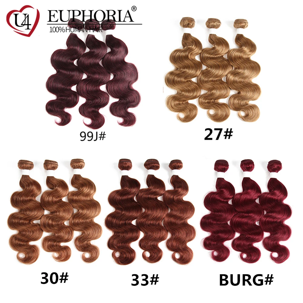 EUPHORIA-mechones de cabello humano ondulado, extensiones de tejido de 8-26 pulgadas, ombré, rojo, BURG, brasileño, 9A, Remy, 100%, 1/3/4 Uds.