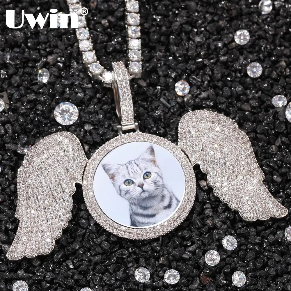 UWIN Custom Heavy Wings Circle Photo Pendant Necklace Cubic Zirconia Iced Out Wings Circle Chams Hiphop Jewelry Drop Shipping