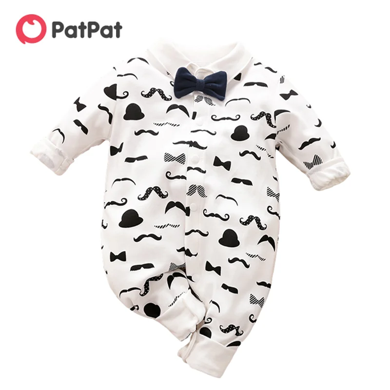 PatPat New Arrival Autumn and Winter Moustache Pattern Long-sleeve Bow Tie Jumpsuit for Baby Boys Clothes