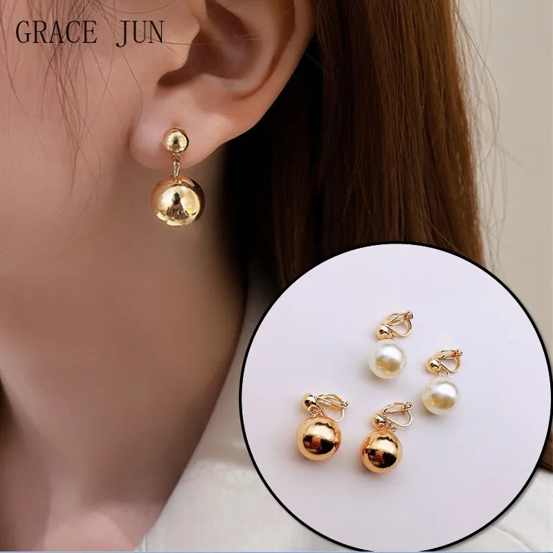 GRACE JUN Korean Style Gold Color Pearl Clip on Earrings No Pierced for Women Party Wedding Fashion Cuff Earrings Luxury Jewelry