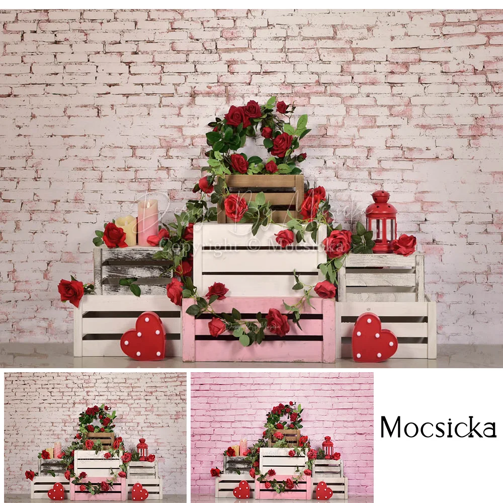 Valentine's Day Photo Backdrop for Studio Brick Wall Wedding Portrait Background Red Flowers Love Heart Candle Photography Decor