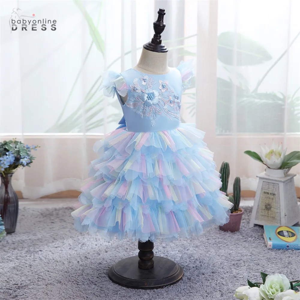 Robes de princesse d'anniversaire pour filles, en Tulle, à fleurs, arc-en-ciel, en dentelle, avec nœud papillon, robe de bal pour filles de 0 à 4 ans, bleu