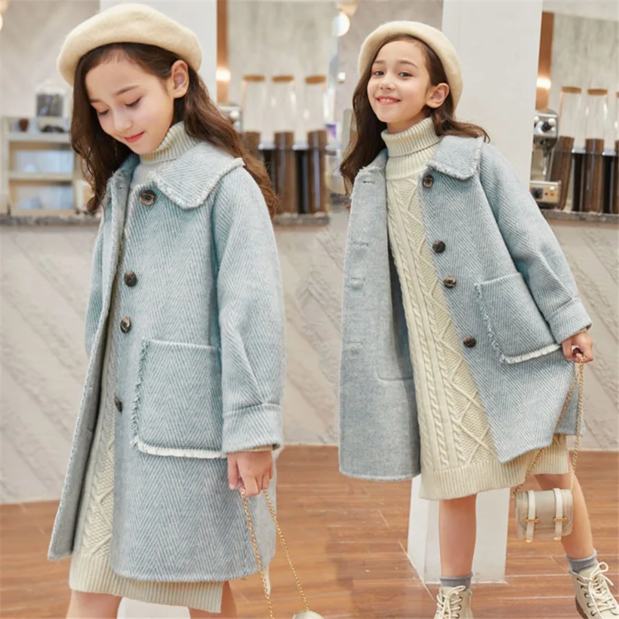 Children Girls Coats Outerwear Winter Girls Jackets Woolen Long Trench Teenagers Warm Clothes Kids Outfits For  8 10 12 14 Years