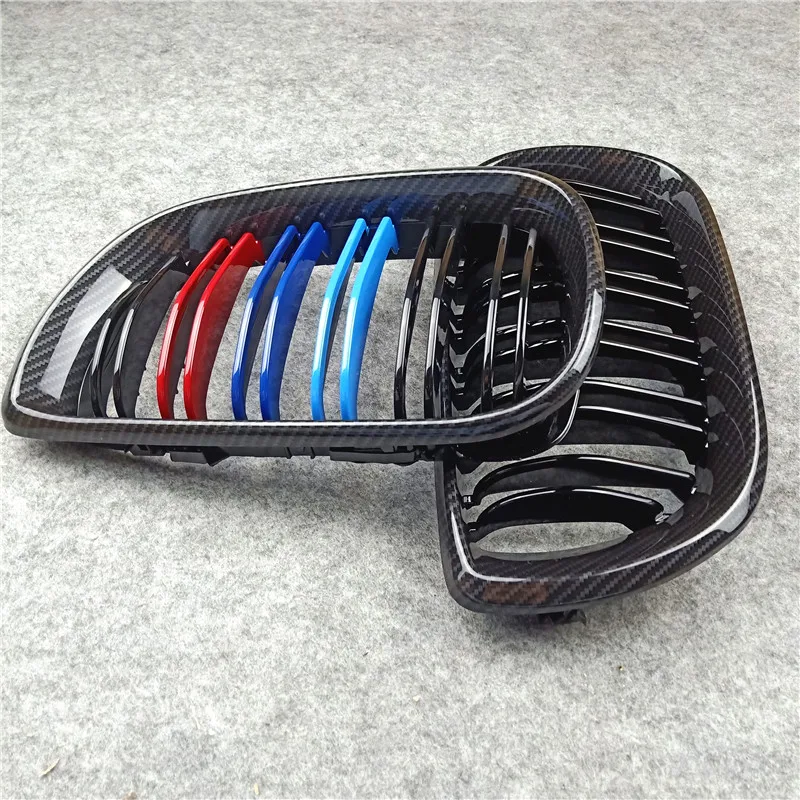 Dual Line Glossy Black Kidney Mesh Grille For B-MW 3 Series E46 4 Doors 2002-2004 ABS Carbon Look Car Bumper Front Grilles