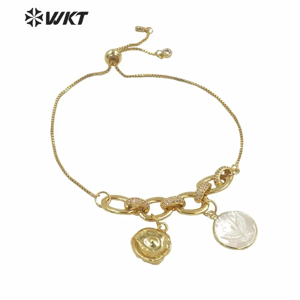 

MPB022 Charming Adjustable Jewelry Bracelet White Shell Full Gold Plated Pearl Charm Bracelet Tiny CZ Girl Friendy Bracelet