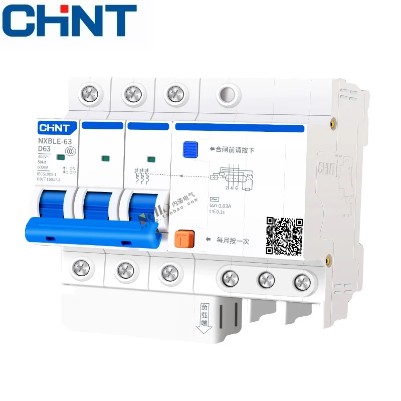 CHNT NXBLE-63 Residual  current operated circuit breaker RCBO  6KA  type D 3P  30mA  50HZ 6A 10A 16A 20A 25A 32A 40A 50A 63A