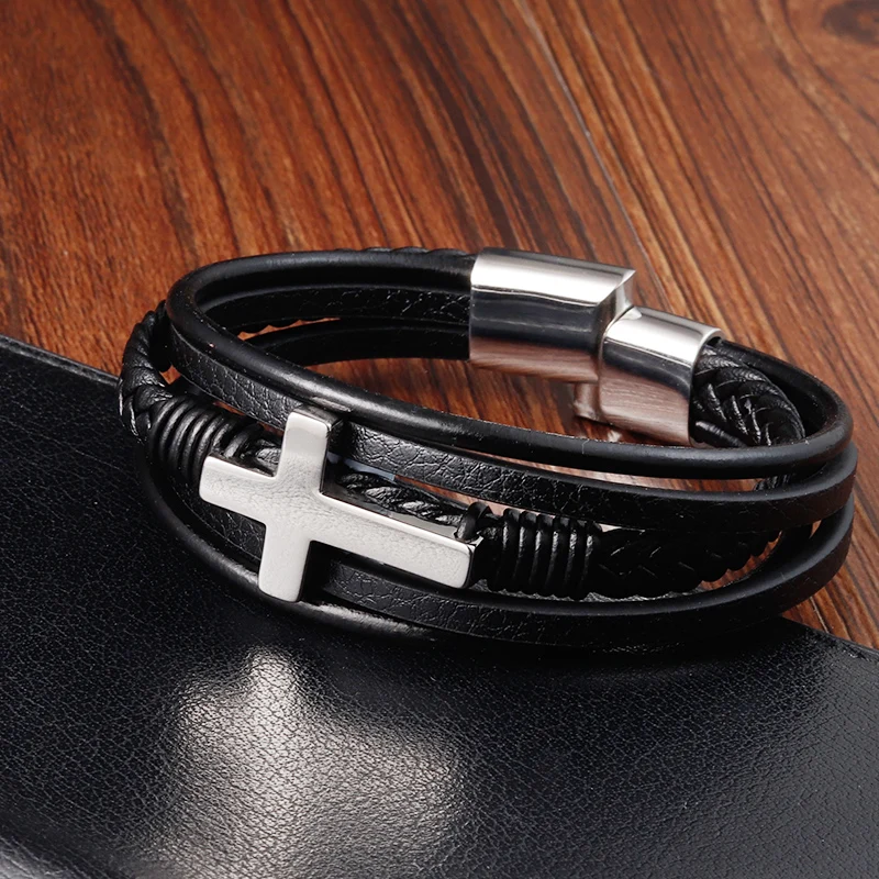 Luxury Multicolor Cross Design Classic Stainless Steel Men's Leather Bracelet  Choose Handsome Men's Gifts