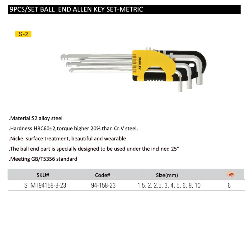 Stanley 1 piece extra long ball-end metric hex key torque key allen 1.5mm 2mm 2.5mm 3mm to 7mm 8mm 10mm L-shape wrench hexagon