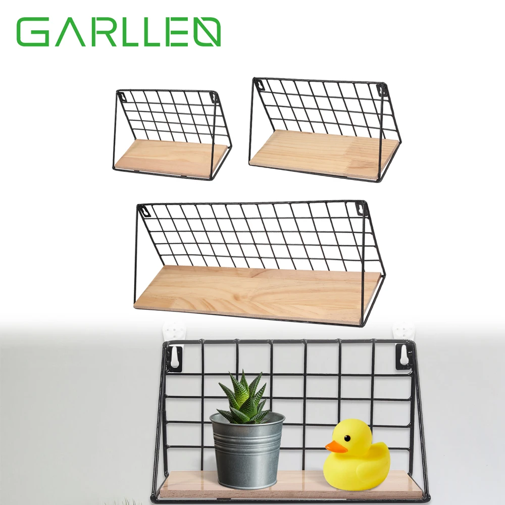 

GARLLEN 3 Sizes Iron Wall Storage Rack Retro Wood Industrial Style Wire Hanger Wall-Mounted Holder Shelf For Bathrooms Kitchens