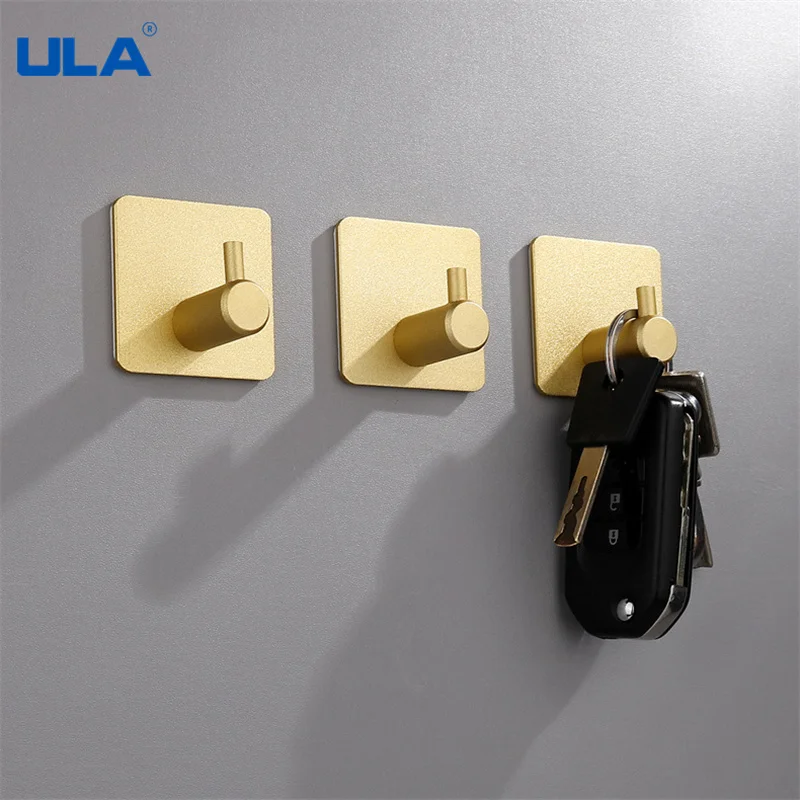 ULA Golden Wall Hooks Adhesive Home Kitchen Wall Door Hook Key Rack Kitchen Towel Hanger Aluminum Hanger Towel Robe Rack