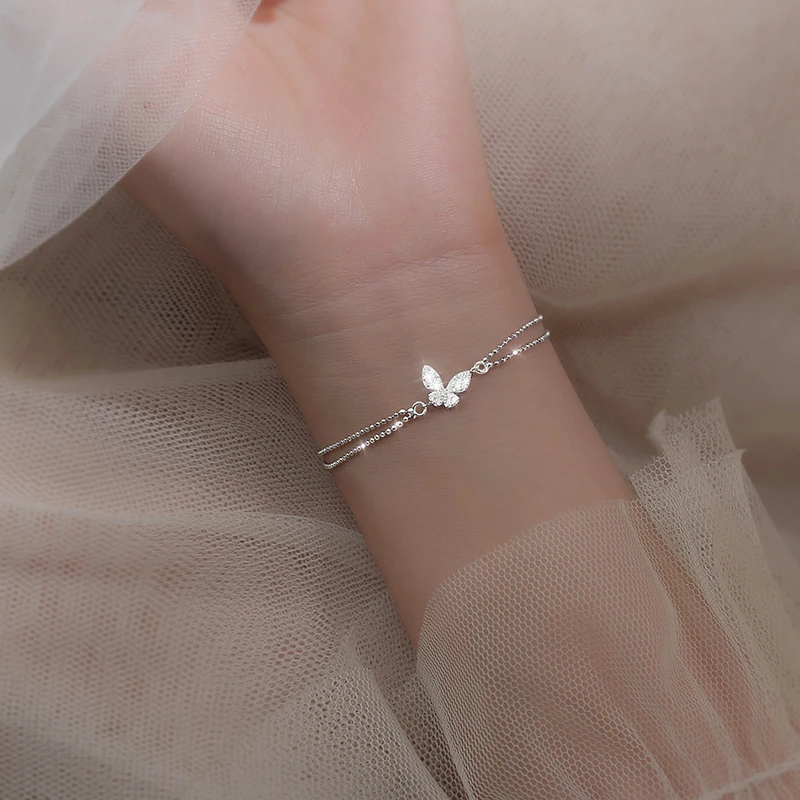 

925 Sterling Silver Double Layer Butterfly Bracelet Shiny Zircon Round Beads Bracelet Ladies Students Exquisite Gift Jewelry