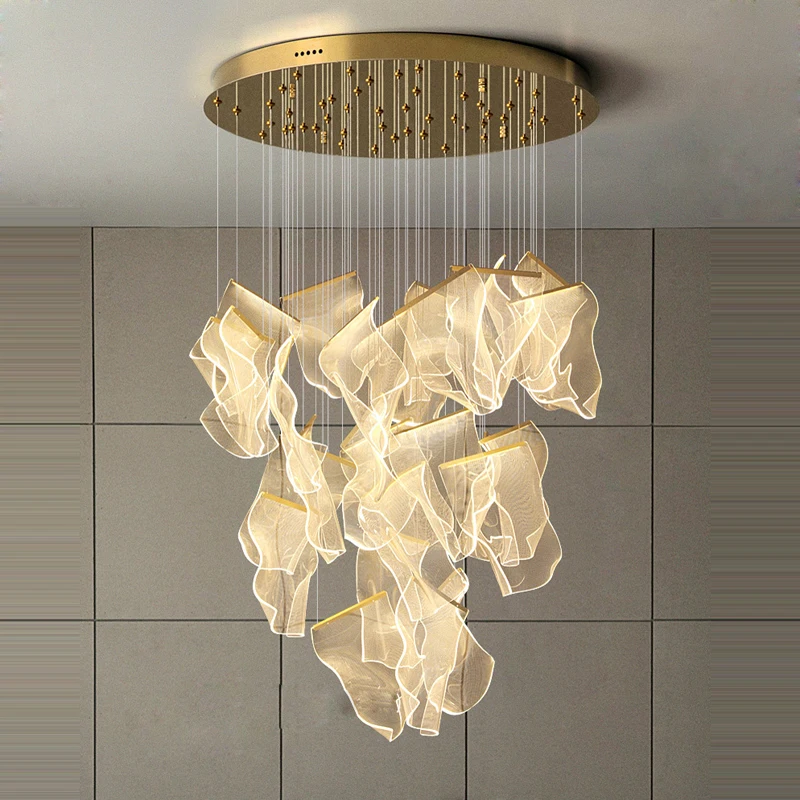 

LED Art Paper Iron Acryl Desinger Hanging Lamps Gold Chandelier Lighting Lustre Suspension Luminaire Lampen For Foyer