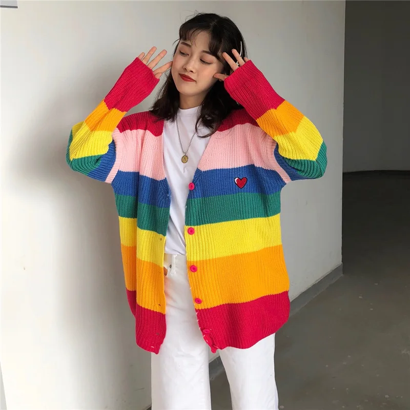 Woherb 2024 Autumn Harajuku Cardigan Women Striped Rainbow Sweater Coat Female Loose Sweaters Letter Embroidery Jumper Cardigans