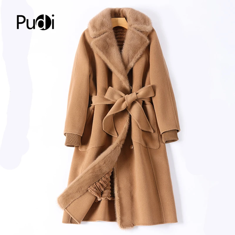 Pudi Women Winter Real Fur Coat Jacket Mink Collar Rabbit Liner 2021 Ins Hot Lady Wool Blends Coats Parka Trench Z20163