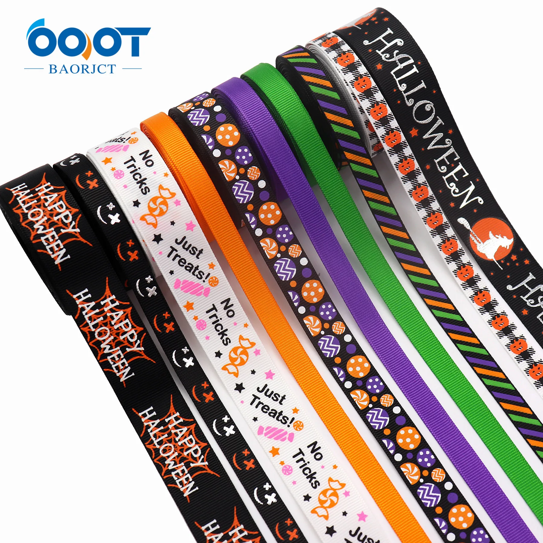 21520-2 Halloween Candy Pumpkin Spiders Web Pattern Printed 7/8 Inch and 3/8 inch 5 Yards Grosgrain Ribbon