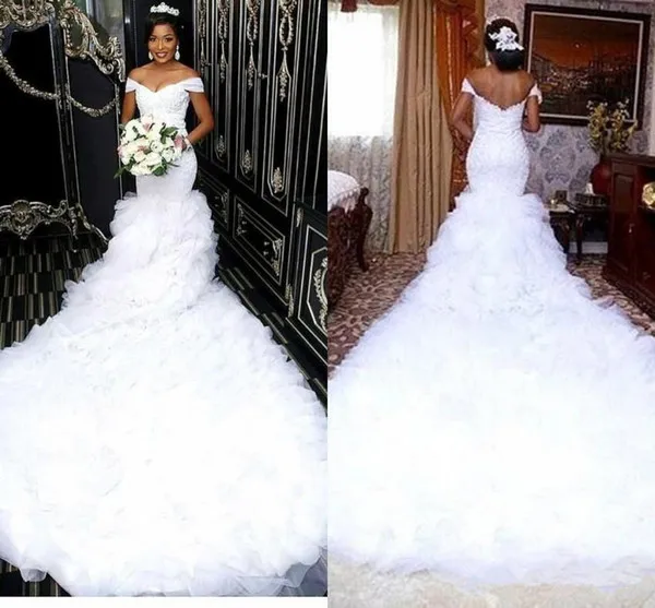 Customize Ruffles Cathedral Train Mermaid Dresses Modest Off Shoulder Lace Applique Beaded Trumpet African Wedding Bride