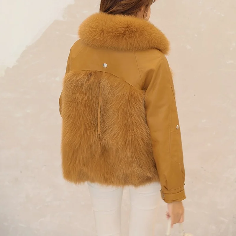 Fox Luxury Fur Splice Sheepskin Coat Fashion Short Biker Real Leather Jacket Office Lady Square Collar Natural Fur Outwear