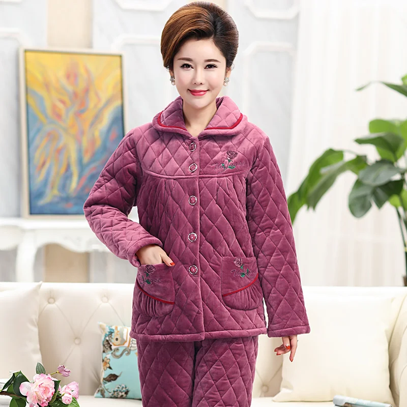 Pyjamas women three layer thick keep warm winter quilted jacket women's pajamas floral pijamas mujer inverno tracksuit