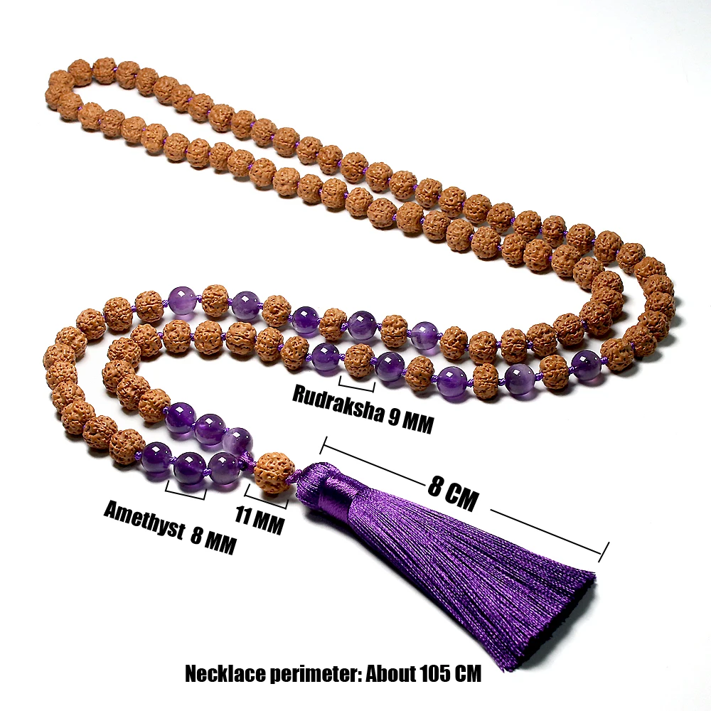 Natural Rudraksha 108 Japamala Necklaces Sets Knotted Amethyst Yoga Meditation Mala Necklace For Women Buddha With Tassel Zen