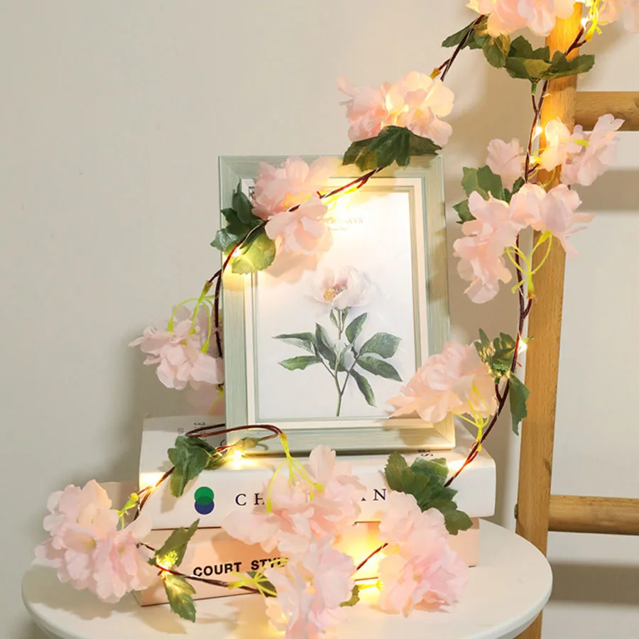 Simulation Cherry Blossoms String Lights Hanging Vines Plant Garland Silk Artificial Hydrangea Flower Fairy Light For Wedding