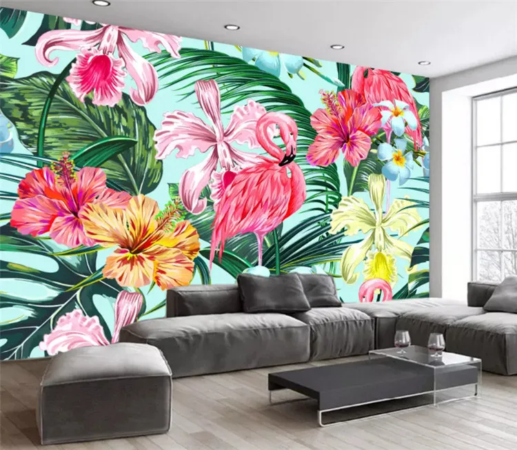 Custom wallpaper Nordic abstract hand drawn flamingo banana leaf TV background 3d wallpaper