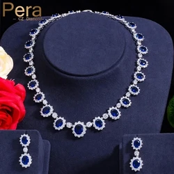 Pera CZ Big Round Cubic Zirconia Luxury Bridal Wedding Royal Blue Stone Necklace and Earrings Jewelry Sets for Brides J126