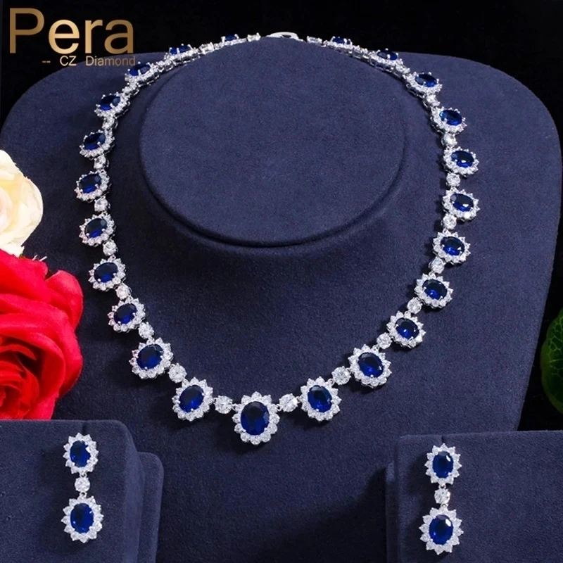 pera cz colar e brincos redondos grandes de zirconio cubico luxo casamento pedra azul real conjunto de joias para noivas j126 01