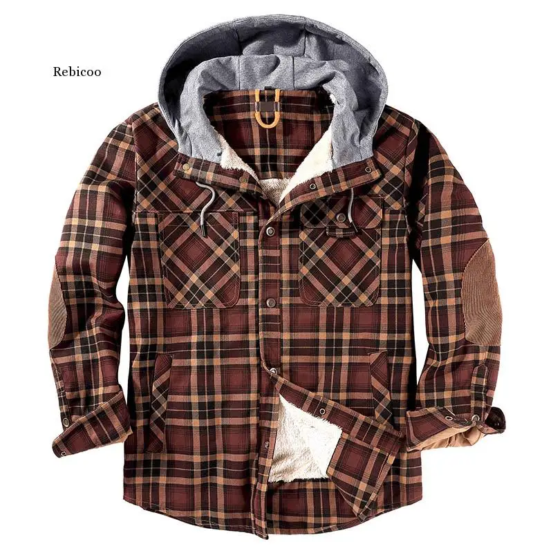 Autumn and Winter New Jacket Men's Fake Two-Piece Plaid Shirt Hooded Casual Washed Plus Velvet Jacket