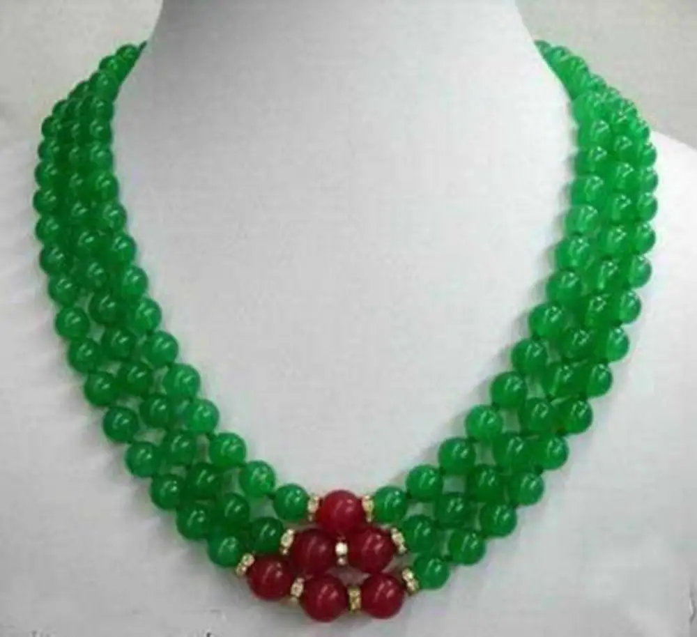 3Rows 8mm Genuine Green Jade & Red Ruby 3 Rows Necklace