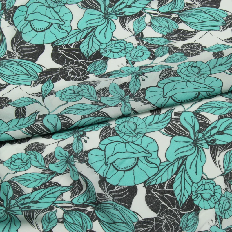 100% Silk Crepe DE chine fabric green floral print 140cm width 15momme,SCDC879