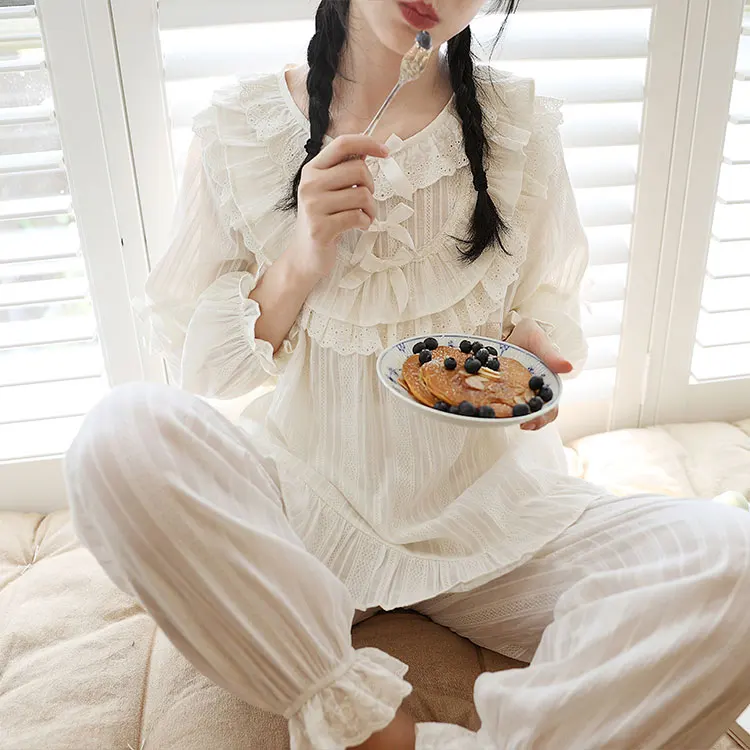 Cute Women Princess Ruffle Pajama Sets Tops+Pants.Vintage Lady White Jacquard Cloth Pyjamas Set Victorian Girl's Home Sleepwear