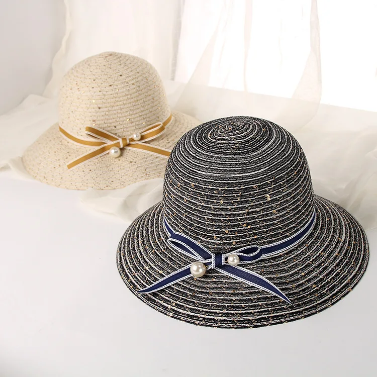 H7460 New Straw Sun Hat Women Korean Bowknot Sequined Sunscreen Cotton Yarn Cap Summer Leisure Sunshade Elegant Female Cool Hats