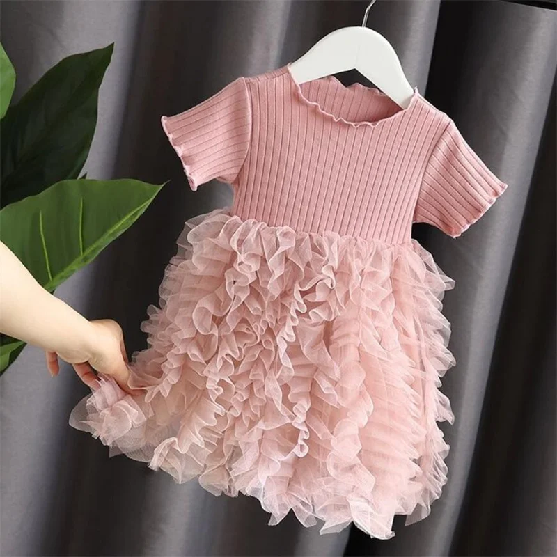 

Summer Kids Girls Princess Dresses Cake Layers Tulle Patchwork Dress Clothes Elegant Wedding Birthday Baby Costume Children A420