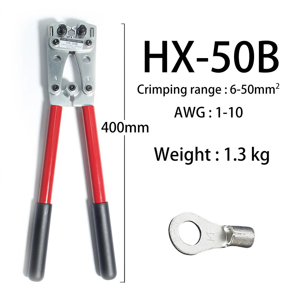 HX-50B Cable Crimper Crimping Wire Terminal Crimp Pliers 6-50mm AWG1-10 Electrician Tube Multitool Battery Lug Hex Hand Tool