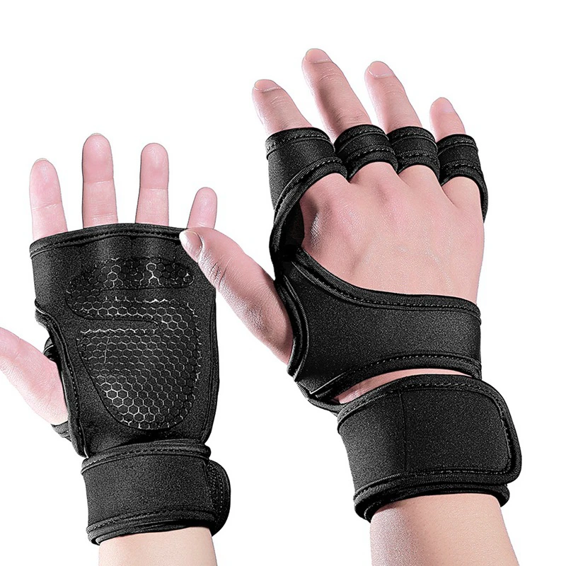 1 Pair Gym Fitness Gloves Hand Palm Protector with Wrist Wrap Support Crossfit Workout Bodybuilding Power Weight Lifting